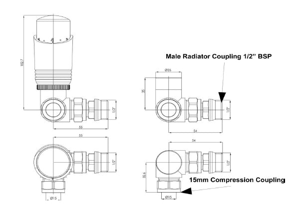 Corner valve dimensions