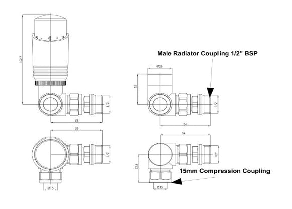 Corner valve dimensions