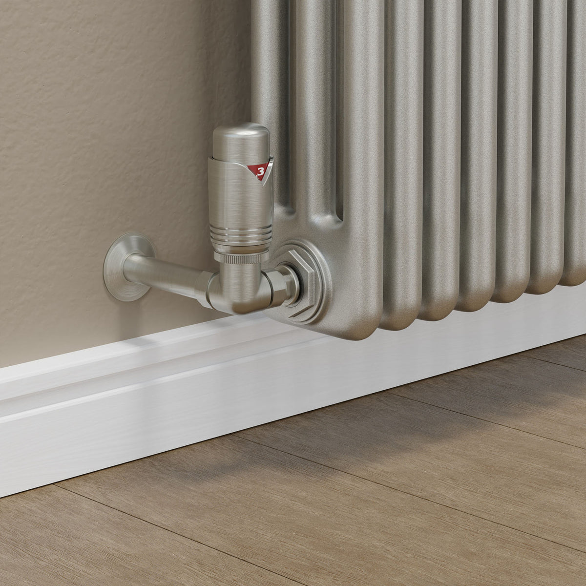 External Corner Radiators Premium Thermostatic Corner Valve Satin Nickel | A1 Radiators